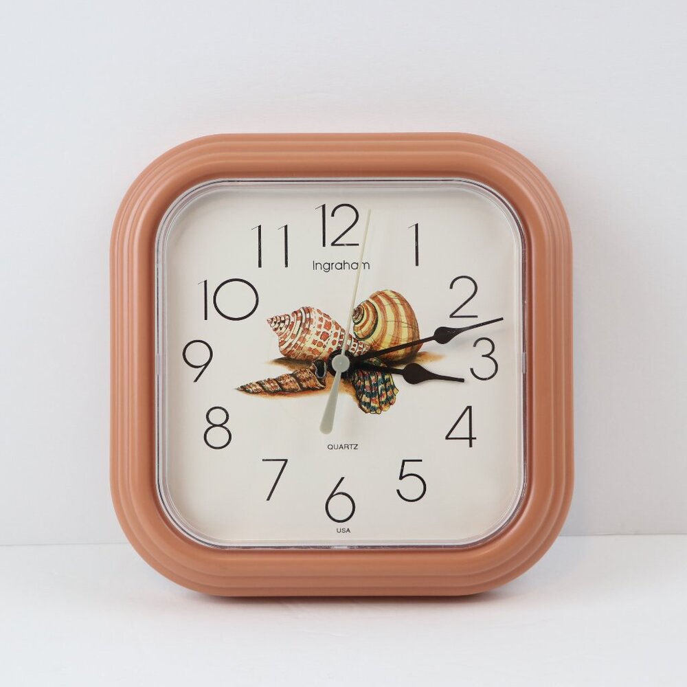 Ingraham Vintage Shells Plastic Square Quartz Salmon Pink Wall Clock Made in USA